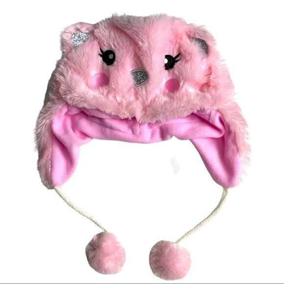 NWT Girls PS Pink Fur Winter Hat with Bear Face + Ears with Pompoms Tassels - Picture 1 of 13